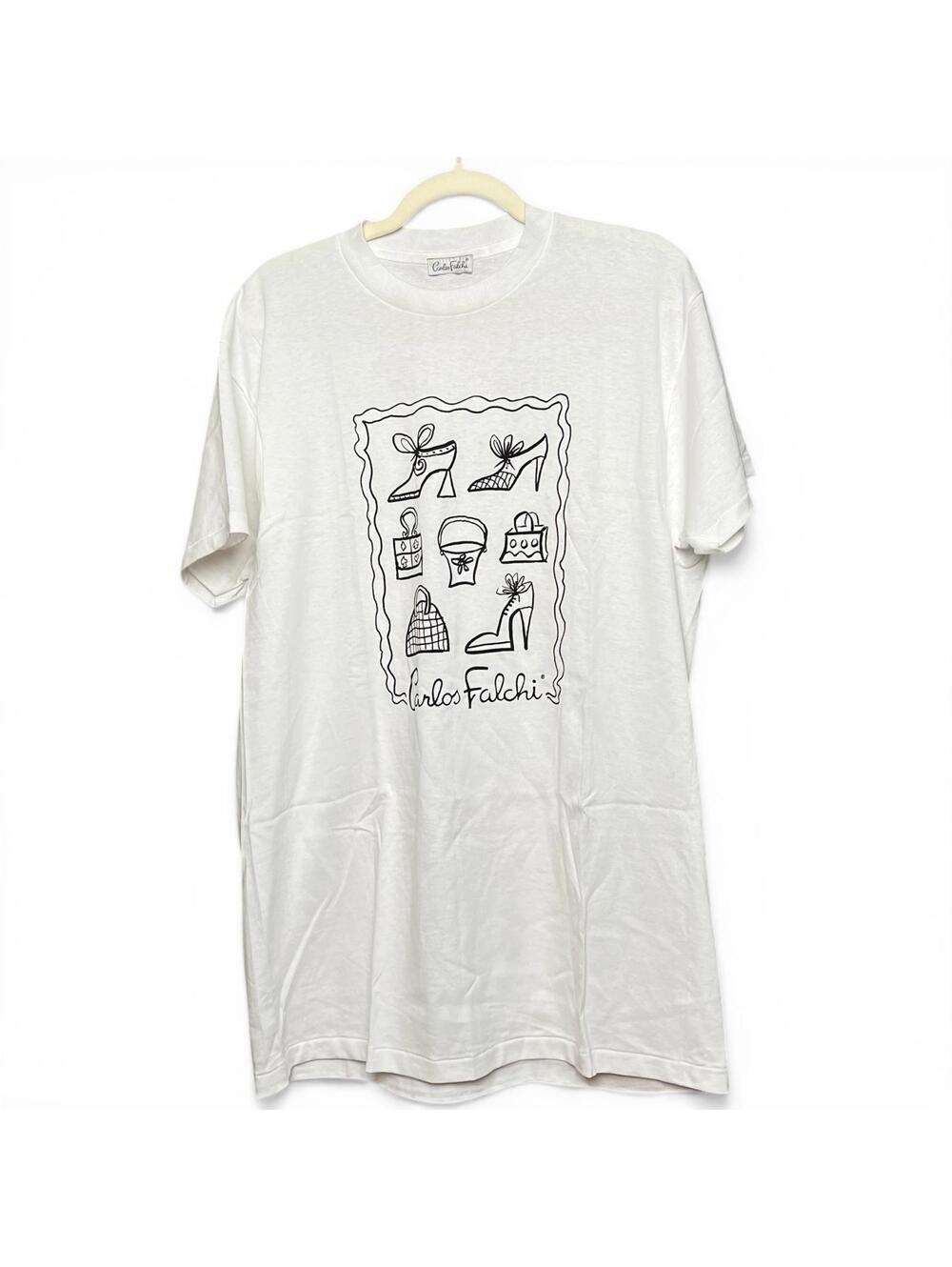 Vintage Carlos Falchi White Graphic T-Shirt with Fashion Illustrations